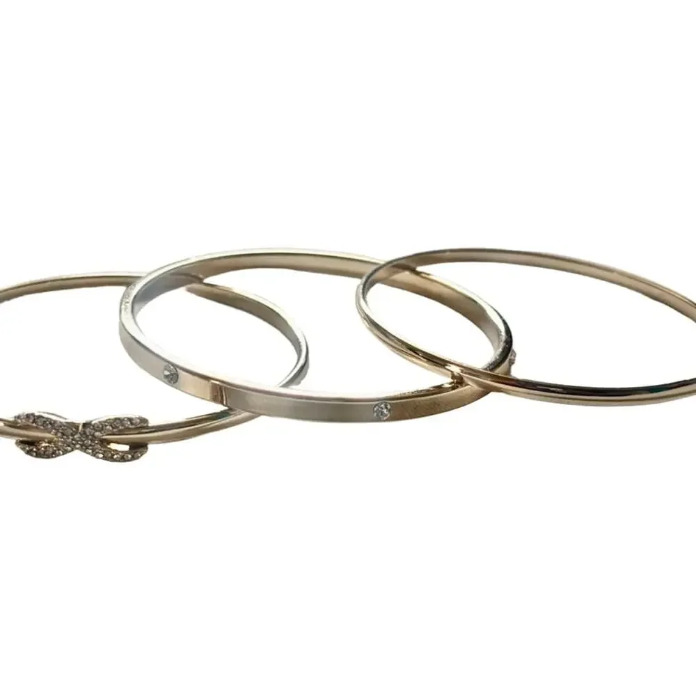 Gold Bangle Bracelet Set of 3 – Bow, Crystal Accent, Minimalist Stack